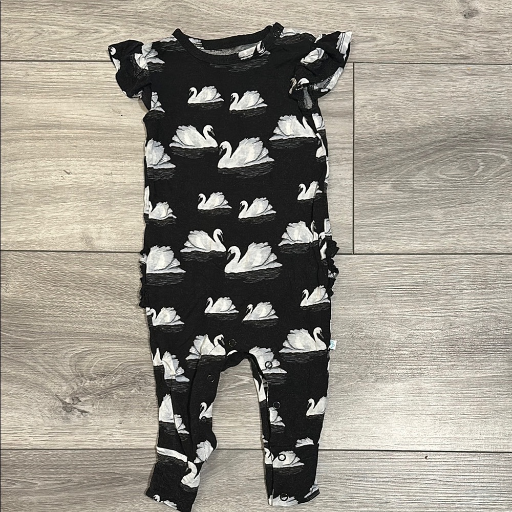 Posh Peanut Black Romper with Swan Print